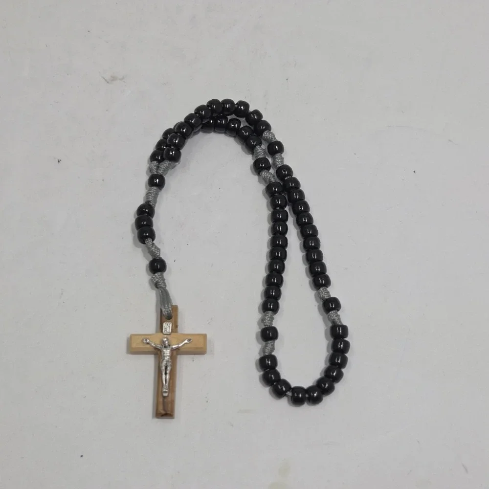 JERUSALEM OLIVE WOOD‎ CRUCIFIX ROSARY BLACK BEADS CORD CATHOLIC PRAYER...